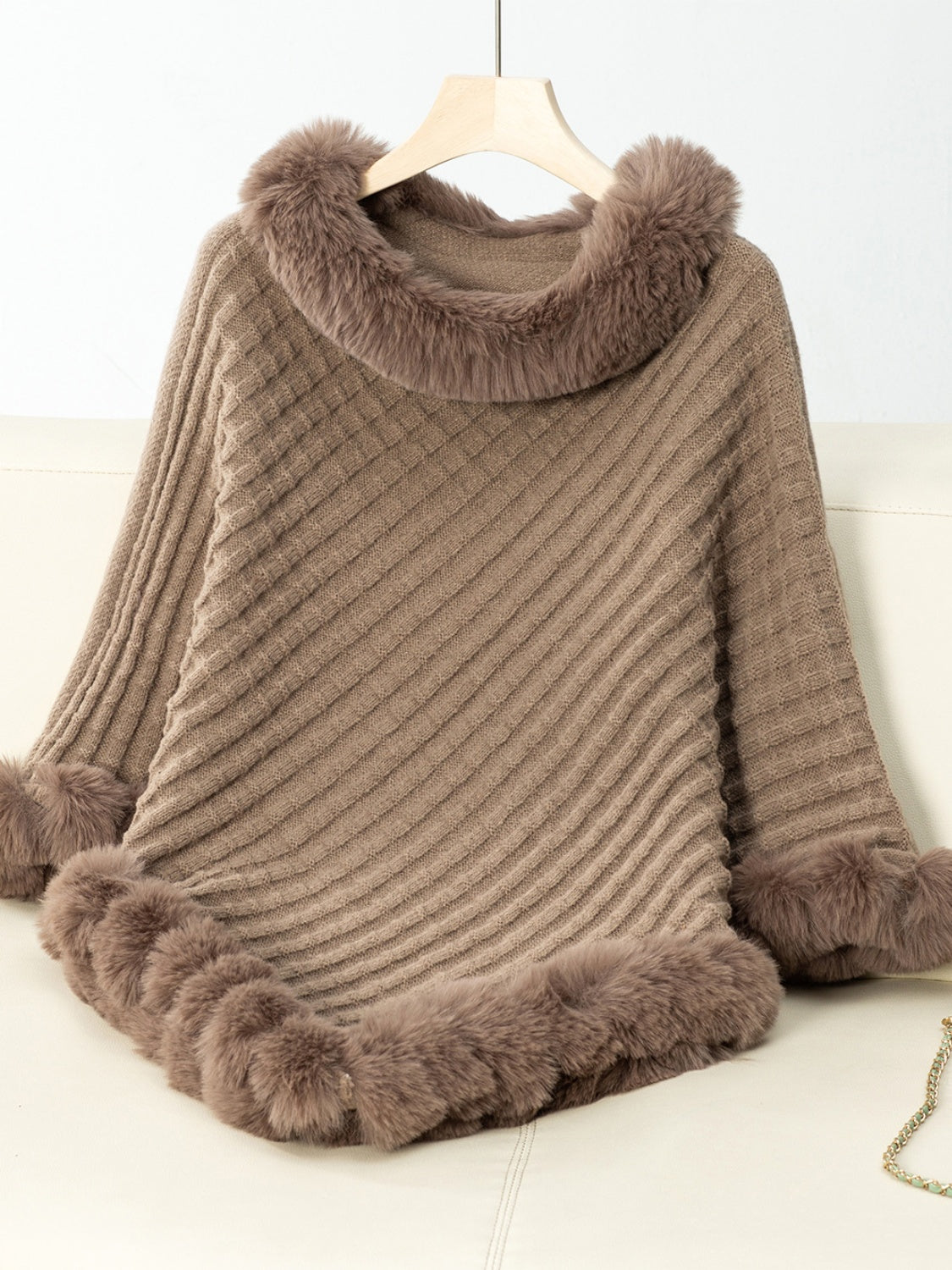 Fuzzy Trim Texture Three-Quarter Sleeve Poncho-****STILL AVAILABLE EMAIL SELLER WITH SIZE & COLOR****