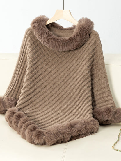 Fuzzy Trim Texture Three-Quarter Sleeve Poncho-****STILL AVAILABLE EMAIL SELLER WITH SIZE & COLOR****