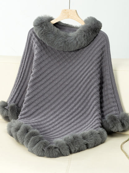 Fuzzy Trim Texture Three-Quarter Sleeve Poncho-****STILL AVAILABLE EMAIL SELLER WITH SIZE & COLOR****