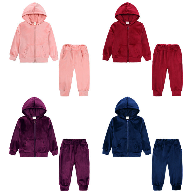 Children's Velvet Long Sleeved Hoodie And Pants Set