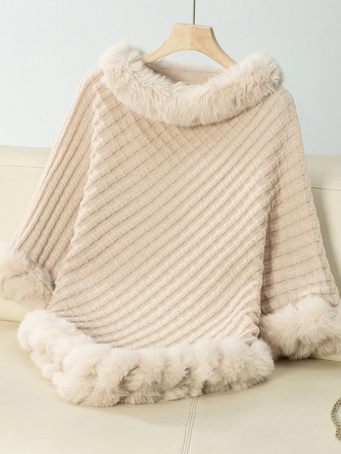 Fuzzy Trim Texture Three-Quarter Sleeve Poncho-****STILL AVAILABLE EMAIL SELLER WITH SIZE & COLOR****