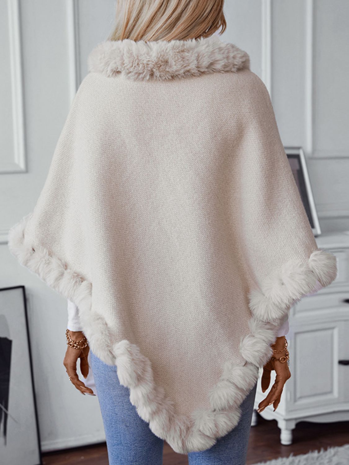 Fuzzy Trim Texture Three-Quarter Sleeve Poncho-****STILL AVAILABLE EMAIL SELLER WITH SIZE & COLOR****
