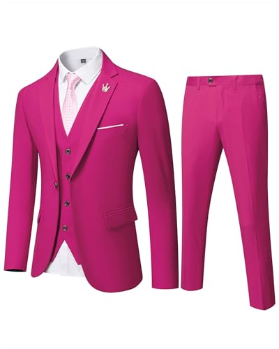 Hihawk Men's 3 Piece Suit with Stretch Fabric, Solid Slim Fit One Button Suit Blazer Set, Jacket Vest Pants with Tie.