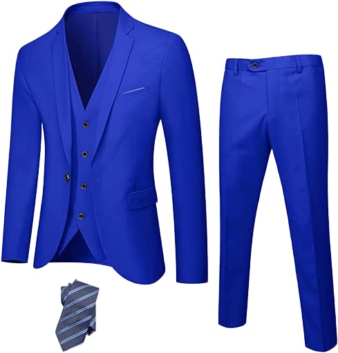Hihawk Men's 3 Piece Suit with Stretch Fabric, Solid Slim Fit One Button Suit Blazer Set, Jacket Vest Pants with Tie.