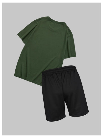 SOLY HUX Men's Letter Graphic Short Sleeve Tee and Drawstring Waist Track Shorts Set Casual 2 Piece Outfit