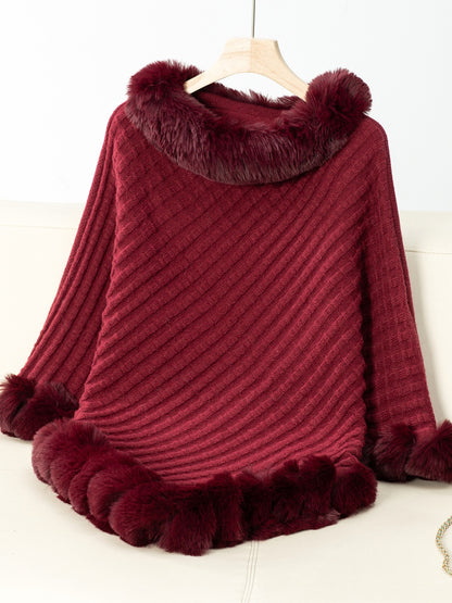 Fuzzy Trim Texture Three-Quarter Sleeve Poncho-****STILL AVAILABLE EMAIL SELLER WITH SIZE & COLOR****