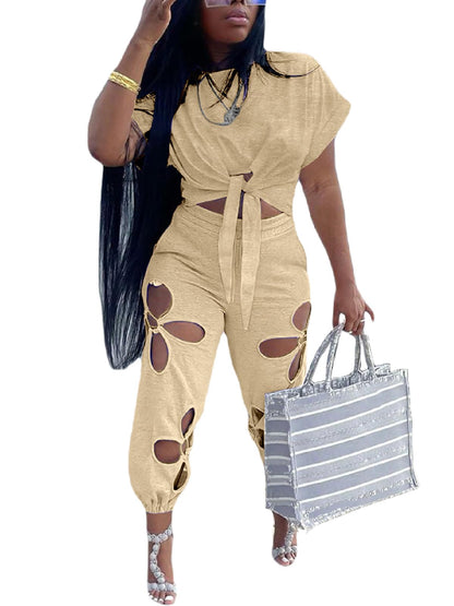 Women 2 Piece Outfits Set Casual Crop Top Shirt Hollowed Out Sweatpants Women Fashion Tracksuit