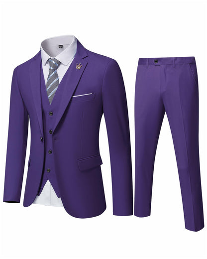 Hihawk Men's 3 Piece Suit with Stretch Fabric, Solid Slim Fit One Button Suit Blazer Set, Jacket Vest Pants with Tie.