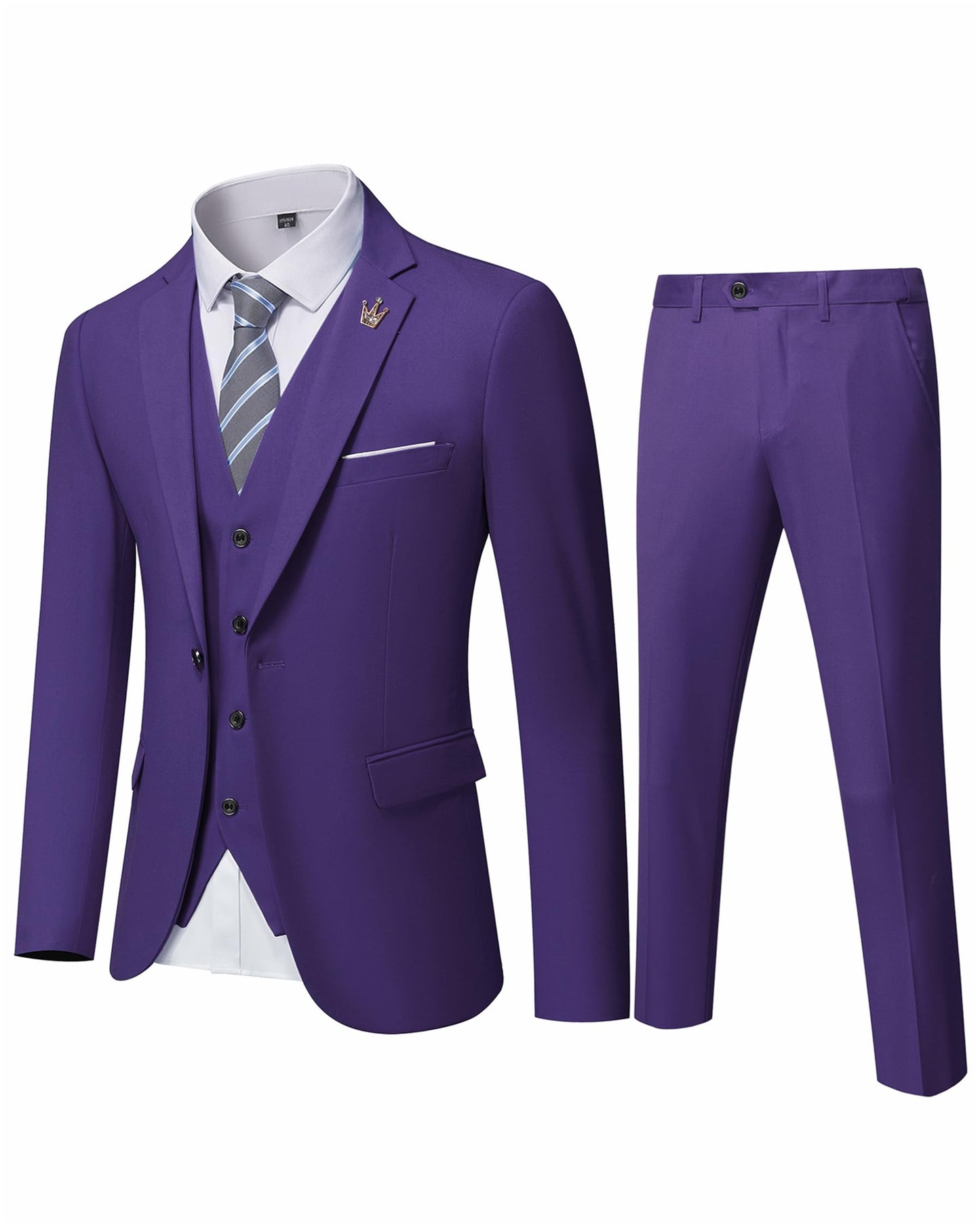 Hihawk Men's 3 Piece Suit with Stretch Fabric, Solid Slim Fit One Button Suit Blazer Set, Jacket Vest Pants with Tie.