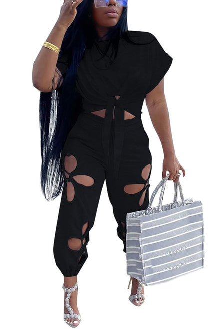 Women 2 Piece Outfits Set Casual Crop Top Shirt Hollowed Out Sweatpants Women Fashion Tracksuit