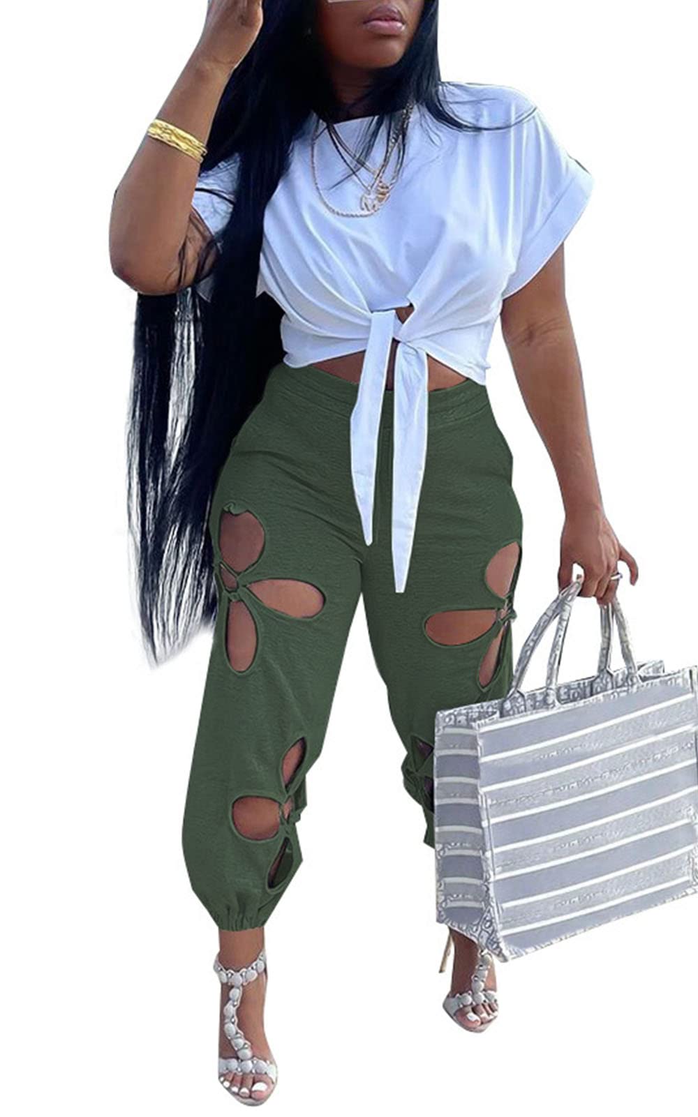 Women 2 Piece Outfits Set Casual Crop Top Shirt Hollowed Out Sweatpants Women Fashion Tracksuit
