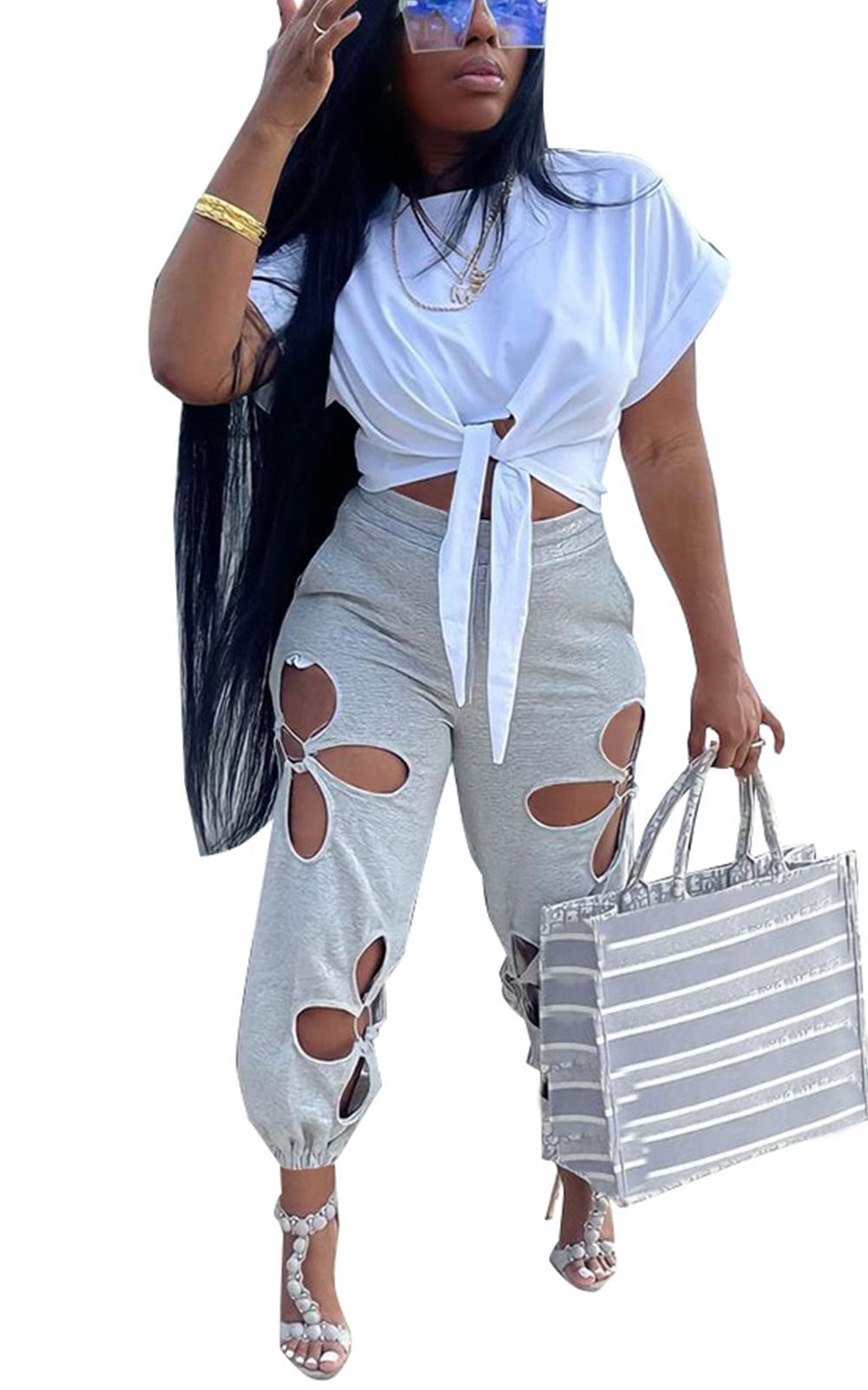 Women 2 Piece Outfits Set Casual Crop Top Shirt Hollowed Out Sweatpants Women Fashion Tracksuit