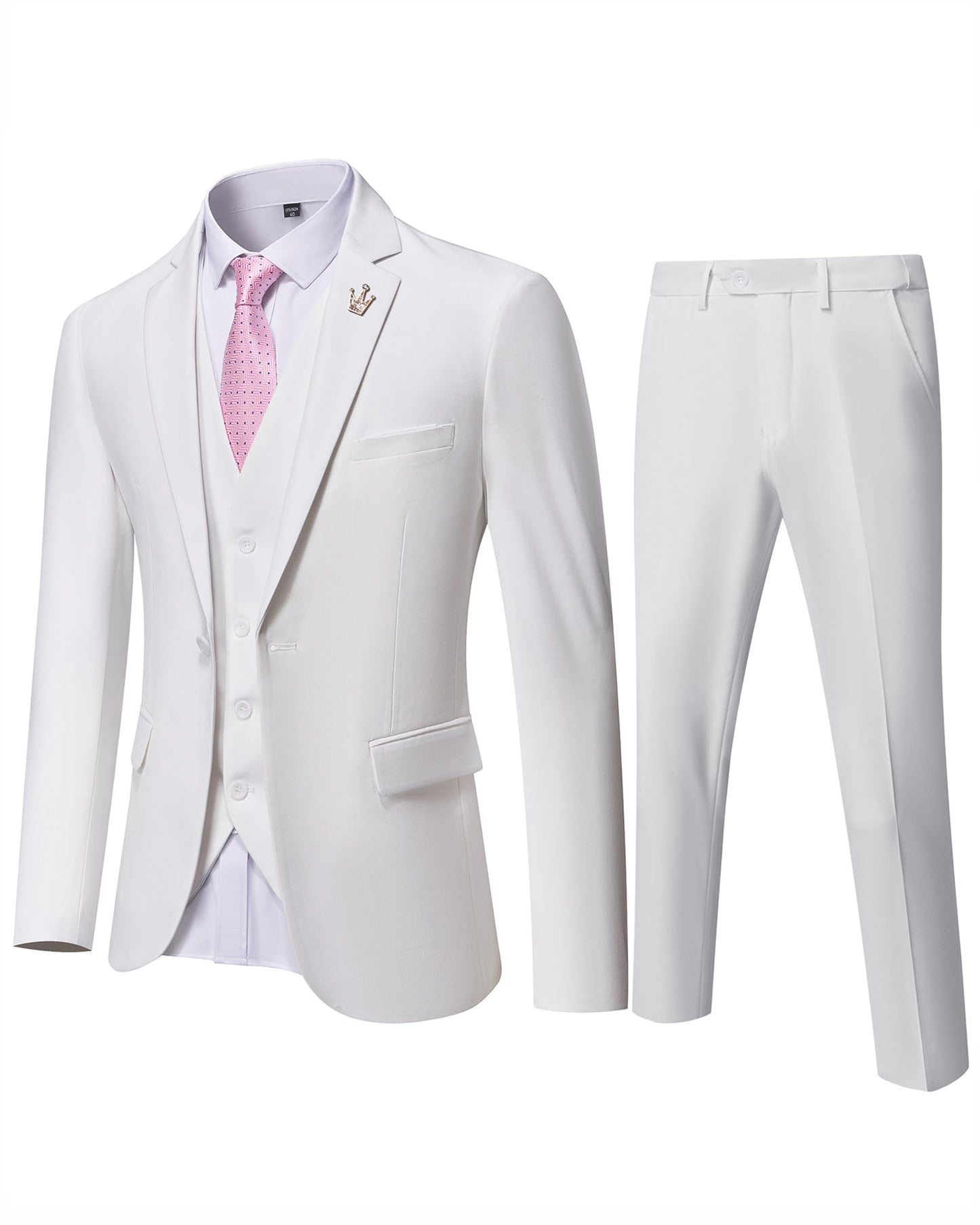 Hihawk Men's 3 Piece Suit with Stretch Fabric, Solid Slim Fit One Button Suit Blazer Set, Jacket Vest Pants with Tie.