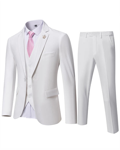 Hihawk Men's 3 Piece Suit with Stretch Fabric, Solid Slim Fit One Button Suit Blazer Set, Jacket Vest Pants with Tie.