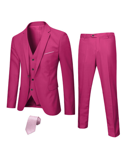Hihawk Men's 3 Piece Suit with Stretch Fabric, Solid Slim Fit One Button Suit Blazer Set, Jacket Vest Pants with Tie.