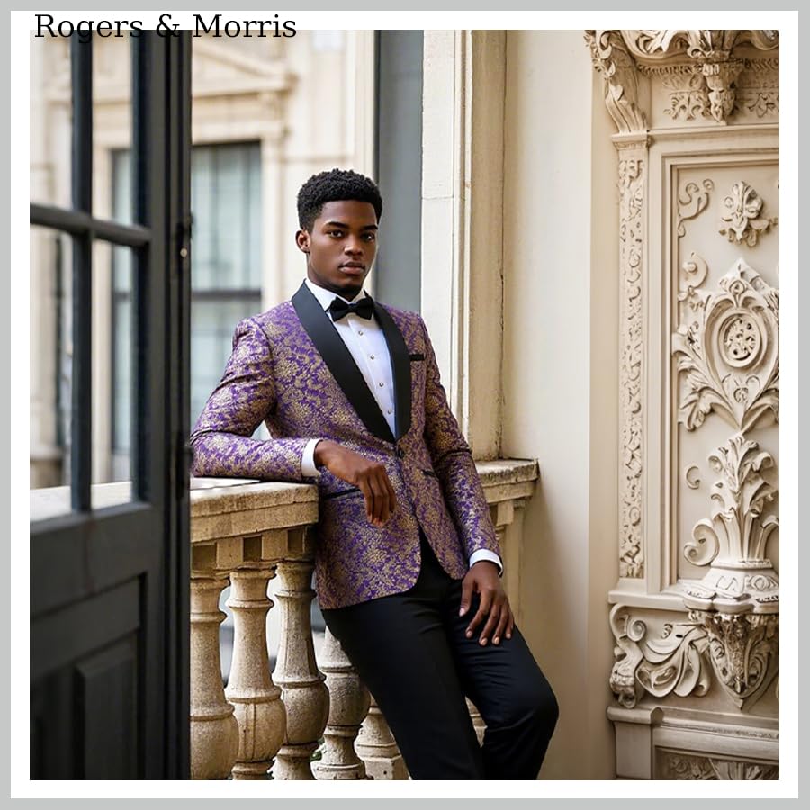 Rogers & Morris Floral Tuxedo Suit Set for Men Regular 2 Piece Jacket and Black Pants