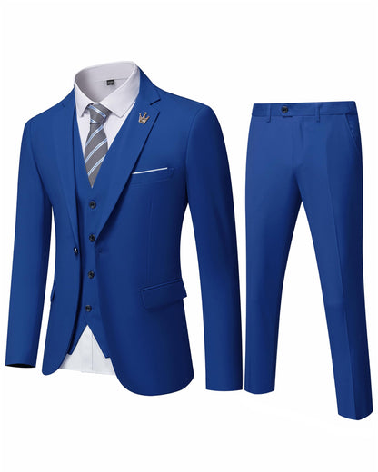 Hihawk Men's 3 Piece Suit with Stretch Fabric, Solid Slim Fit One Button Suit Blazer Set, Jacket Vest Pants with Tie.