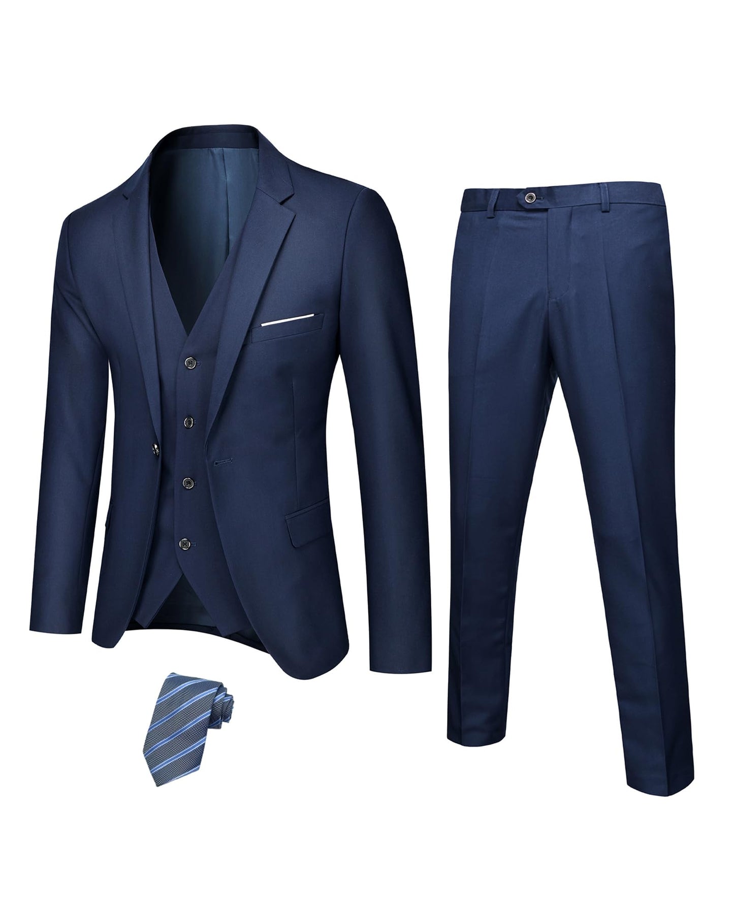 Hihawk Men's 3 Piece Suit with Stretch Fabric, Solid Slim Fit One Button Suit Blazer Set, Jacket Vest Pants with Tie.