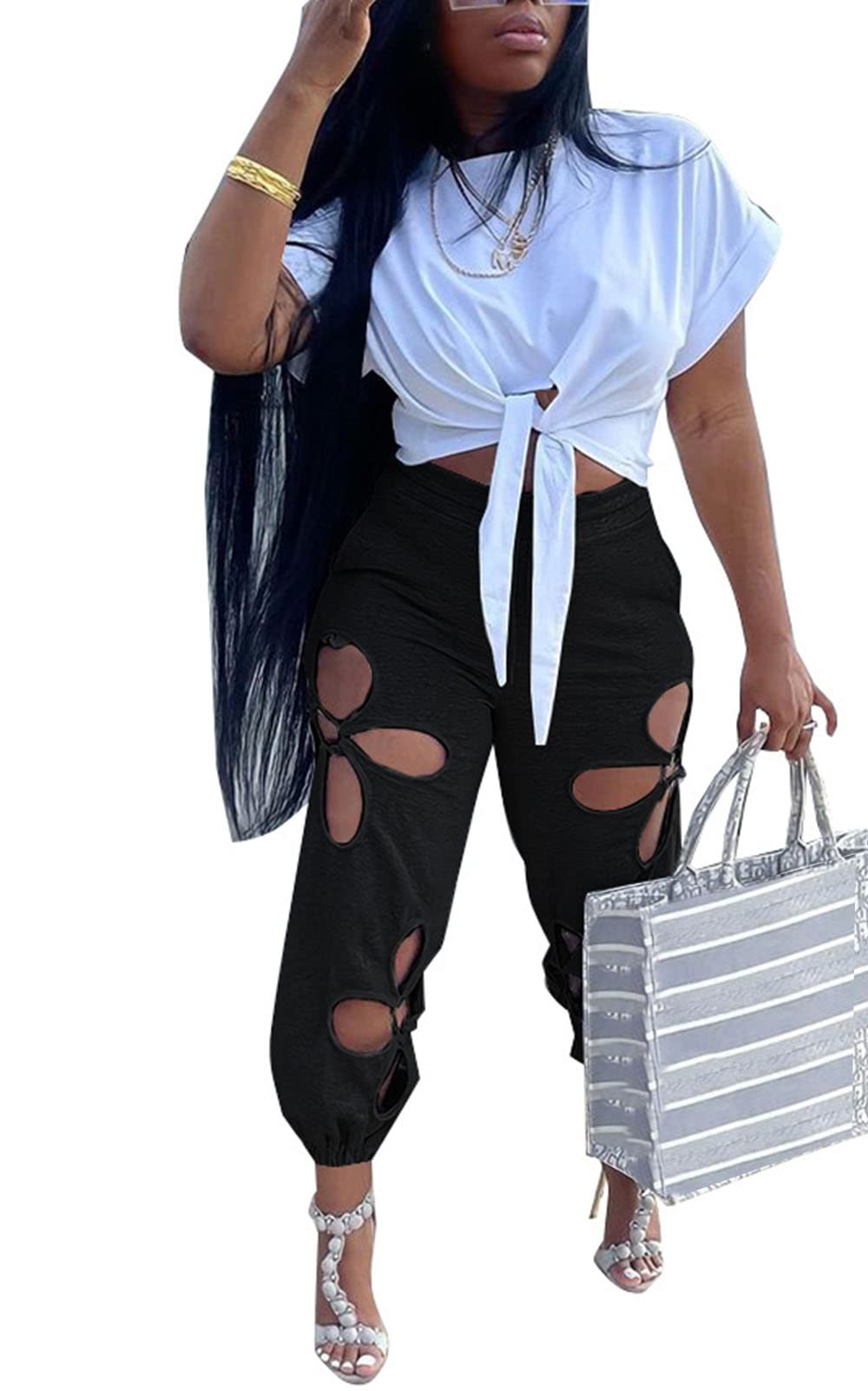 Women 2 Piece Outfits Set Casual Crop Top Shirt Hollowed Out Sweatpants Women Fashion Tracksuit