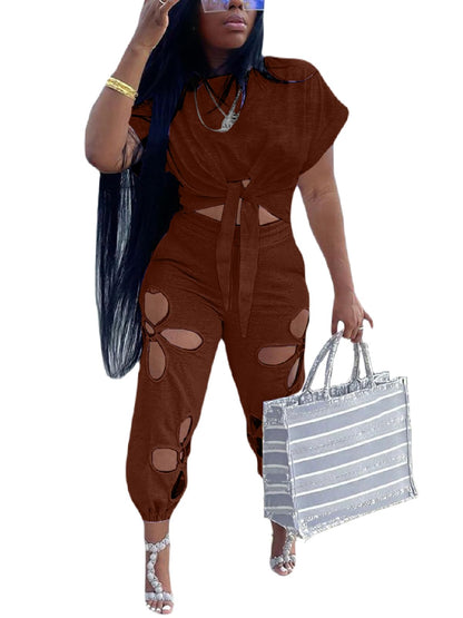Women 2 Piece Outfits Set Casual Crop Top Shirt Hollowed Out Sweatpants Women Fashion Tracksuit