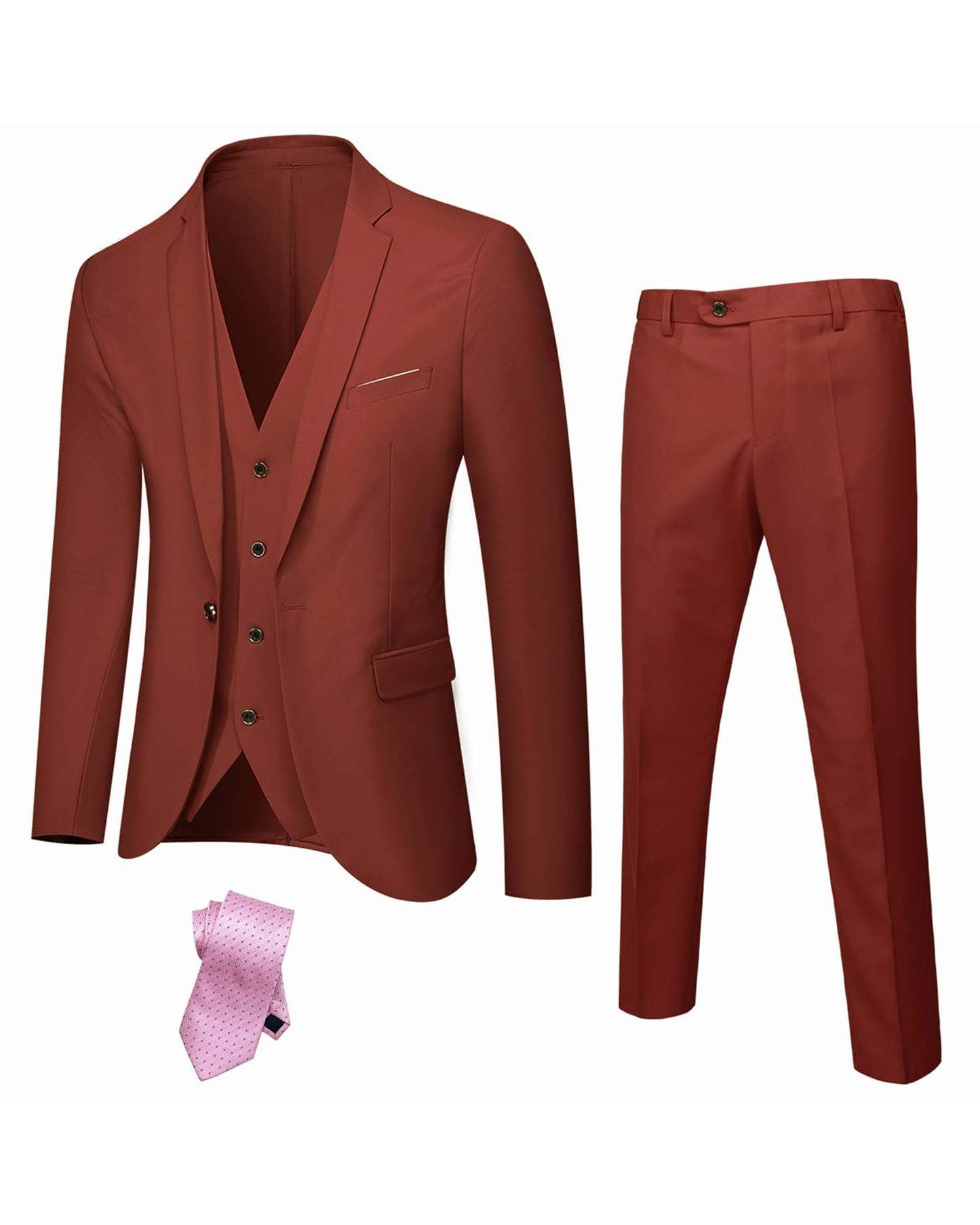 Hihawk Men's 3 Piece Suit with Stretch Fabric, Solid Slim Fit One Button Suit Blazer Set, Jacket Vest Pants with Tie.