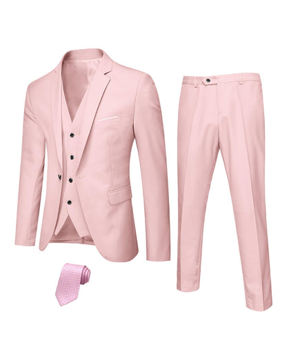 Hihawk Men's 3 Piece Suit with Stretch Fabric, Solid Slim Fit One Button Suit Blazer Set, Jacket Vest Pants with Tie.