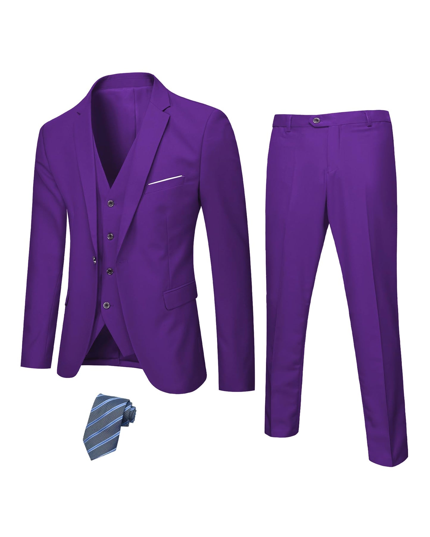 Hihawk Men's 3 Piece Suit with Stretch Fabric, Solid Slim Fit One Button Suit Blazer Set, Jacket Vest Pants with Tie.