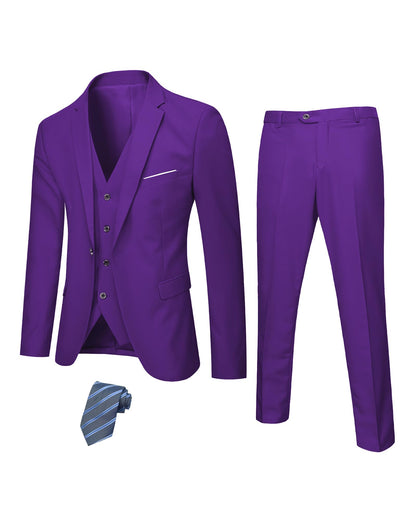 Hihawk Men's 3 Piece Suit with Stretch Fabric, Solid Slim Fit One Button Suit Blazer Set, Jacket Vest Pants with Tie.