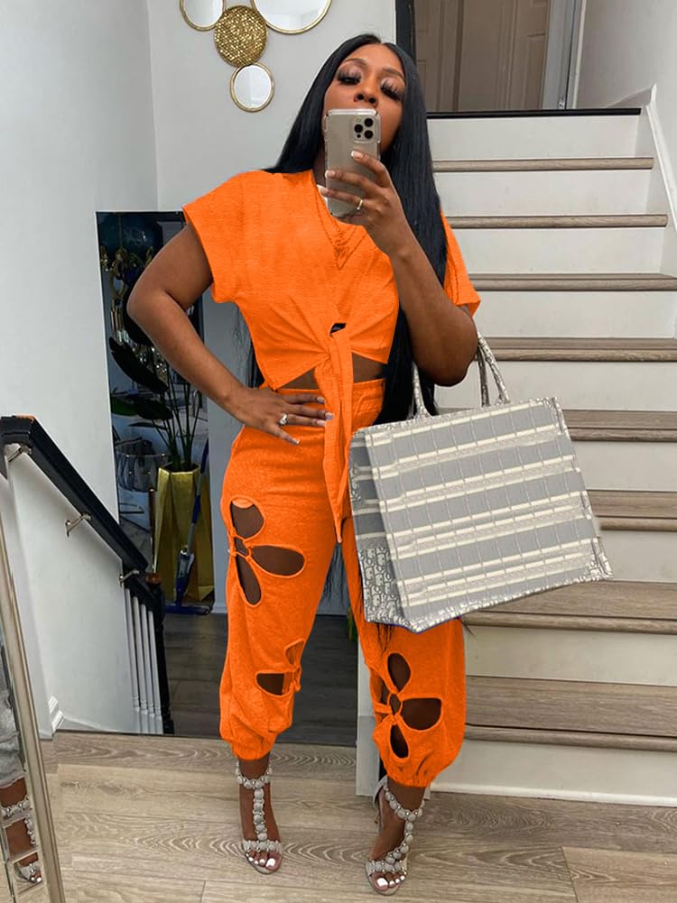 Women 2 Piece Outfits Set Casual Crop Top Shirt Hollowed Out Sweatpants Women Fashion Tracksuit