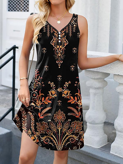 Floral Printed Summer Dresses A-Line Elegant Dress Womens Vintage Sleeveless Beach Sundress