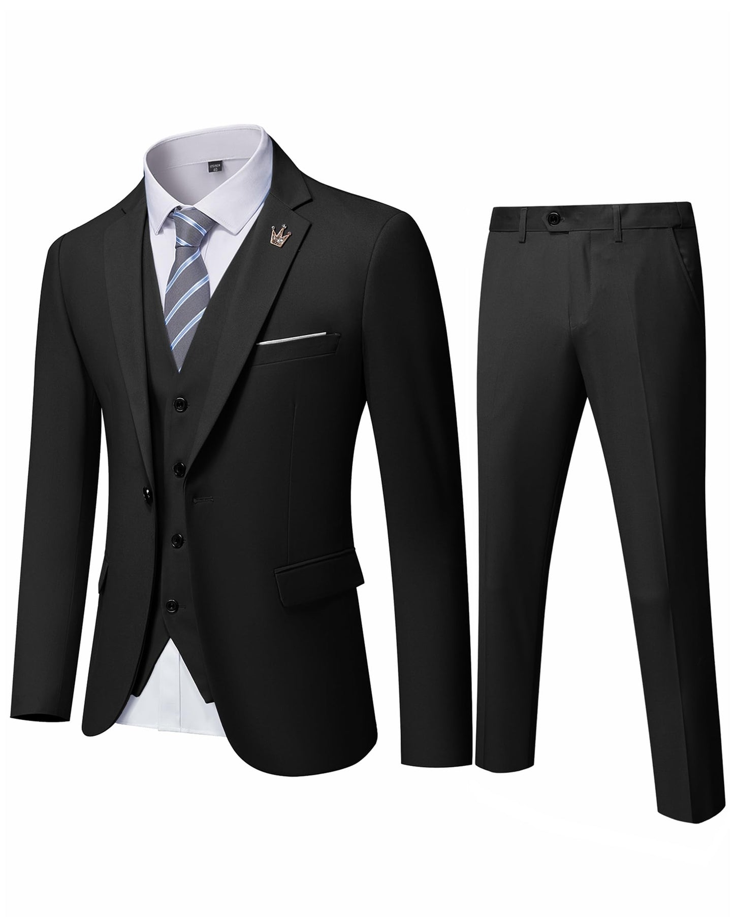 Hihawk Men's 3 Piece Suit with Stretch Fabric, Solid Slim Fit One Button Suit Blazer Set, Jacket Vest Pants with Tie.