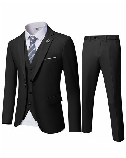 Hihawk Men's 3 Piece Suit with Stretch Fabric, Solid Slim Fit One Button Suit Blazer Set, Jacket Vest Pants with Tie.