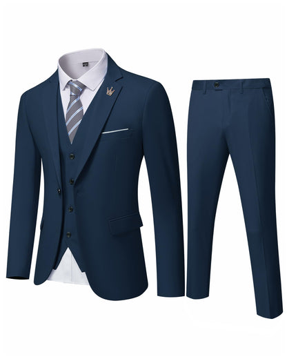 Hihawk Men's 3 Piece Suit with Stretch Fabric, Solid Slim Fit One Button Suit Blazer Set, Jacket Vest Pants with Tie.