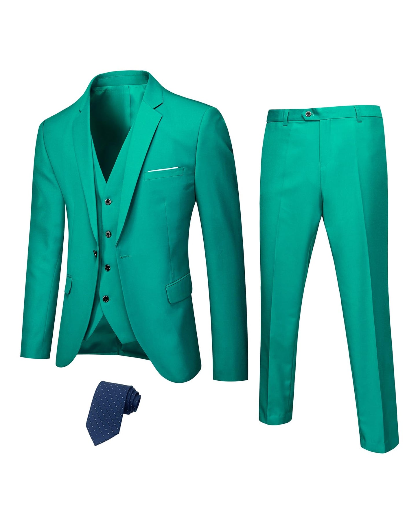 Hihawk Men's 3 Piece Suit with Stretch Fabric, Solid Slim Fit One Button Suit Blazer Set, Jacket Vest Pants with Tie.