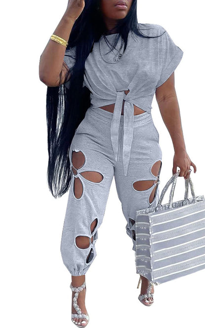 Women 2 Piece Outfits Set Casual Crop Top Shirt Hollowed Out Sweatpants Women Fashion Tracksuit