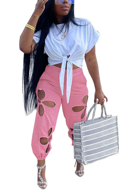 Women 2 Piece Outfits Set Casual Crop Top Shirt Hollowed Out Sweatpants Women Fashion Tracksuit