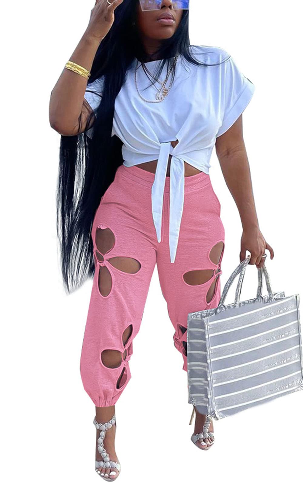Women 2 Piece Outfits Set Casual Crop Top Shirt Hollowed Out Sweatpants Women Fashion Tracksuit