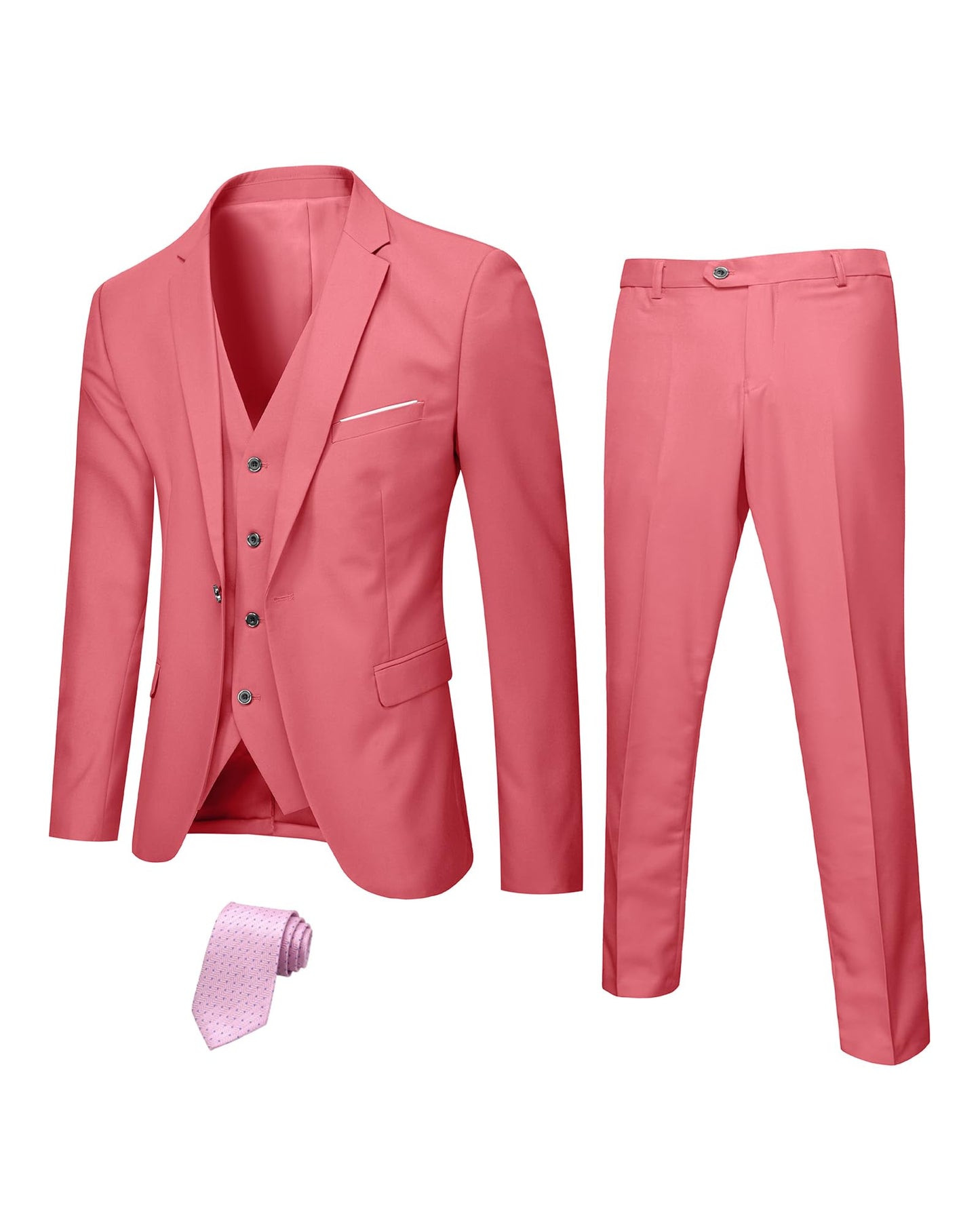 Hihawk Men's 3 Piece Suit with Stretch Fabric, Solid Slim Fit One Button Suit Blazer Set, Jacket Vest Pants with Tie.