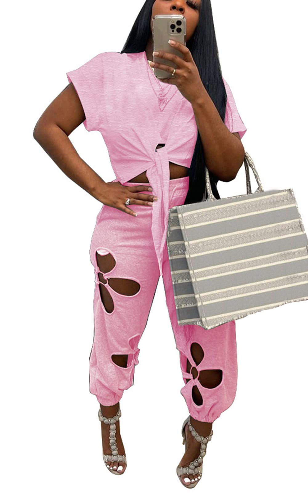 Women 2 Piece Outfits Set Casual Crop Top Shirt Hollowed Out Sweatpants Women Fashion Tracksuit
