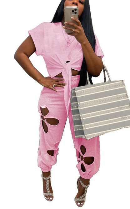 Women 2 Piece Outfits Set Casual Crop Top Shirt Hollowed Out Sweatpants Women Fashion Tracksuit