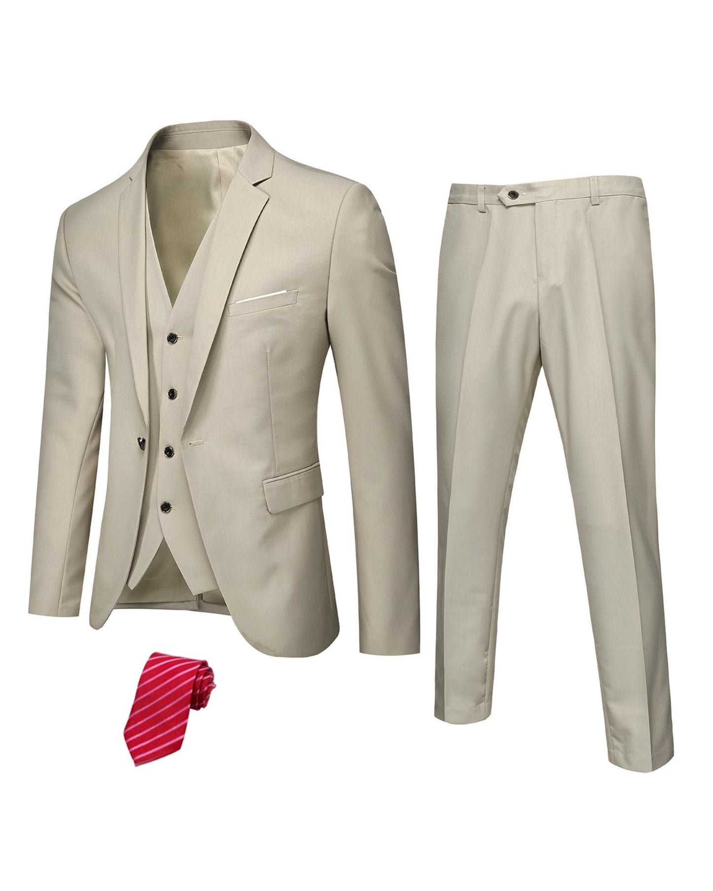 Hihawk Men's 3 Piece Suit with Stretch Fabric, Solid Slim Fit One Button Suit Blazer Set, Jacket Vest Pants with Tie.