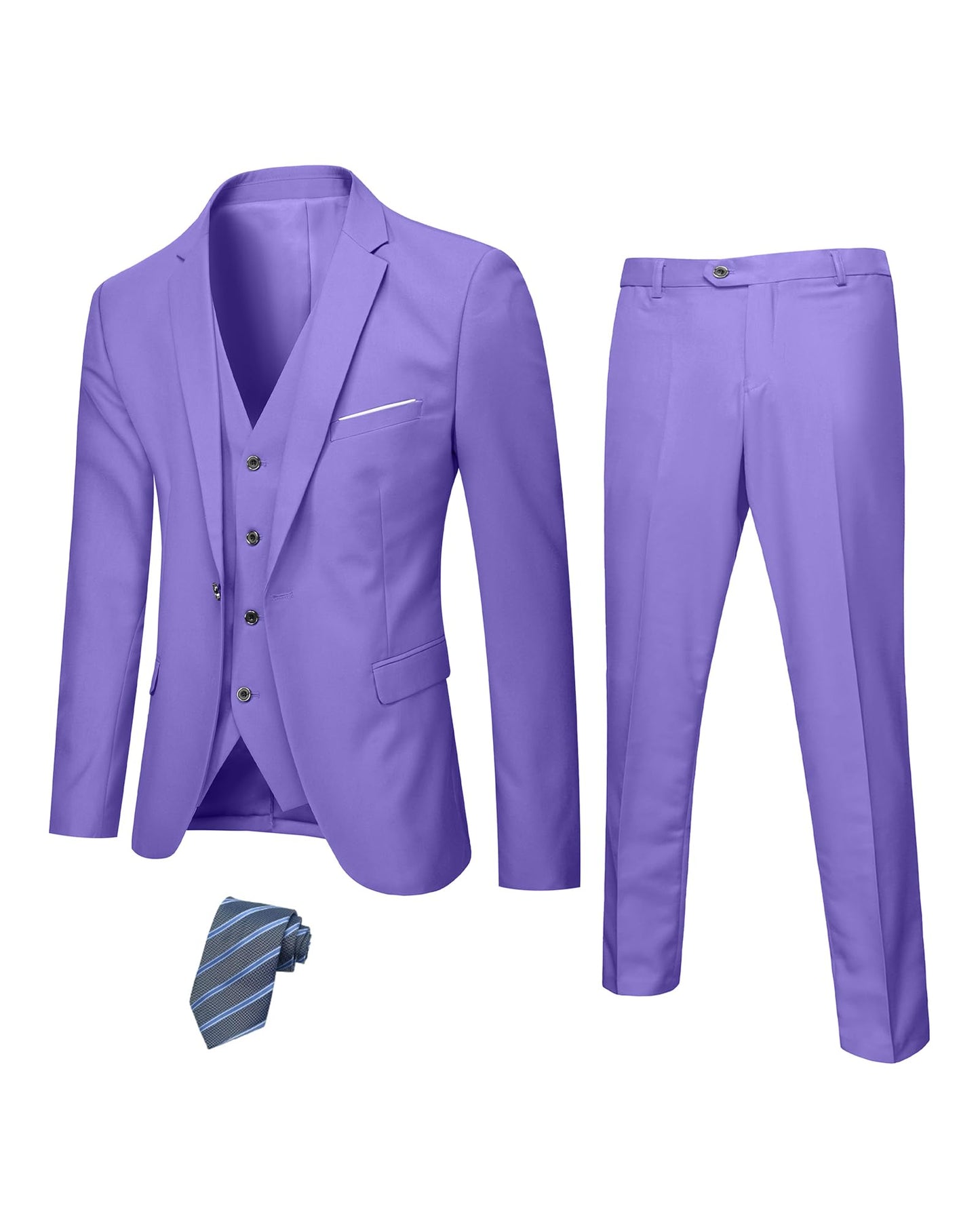 Hihawk Men's 3 Piece Suit with Stretch Fabric, Solid Slim Fit One Button Suit Blazer Set, Jacket Vest Pants with Tie.