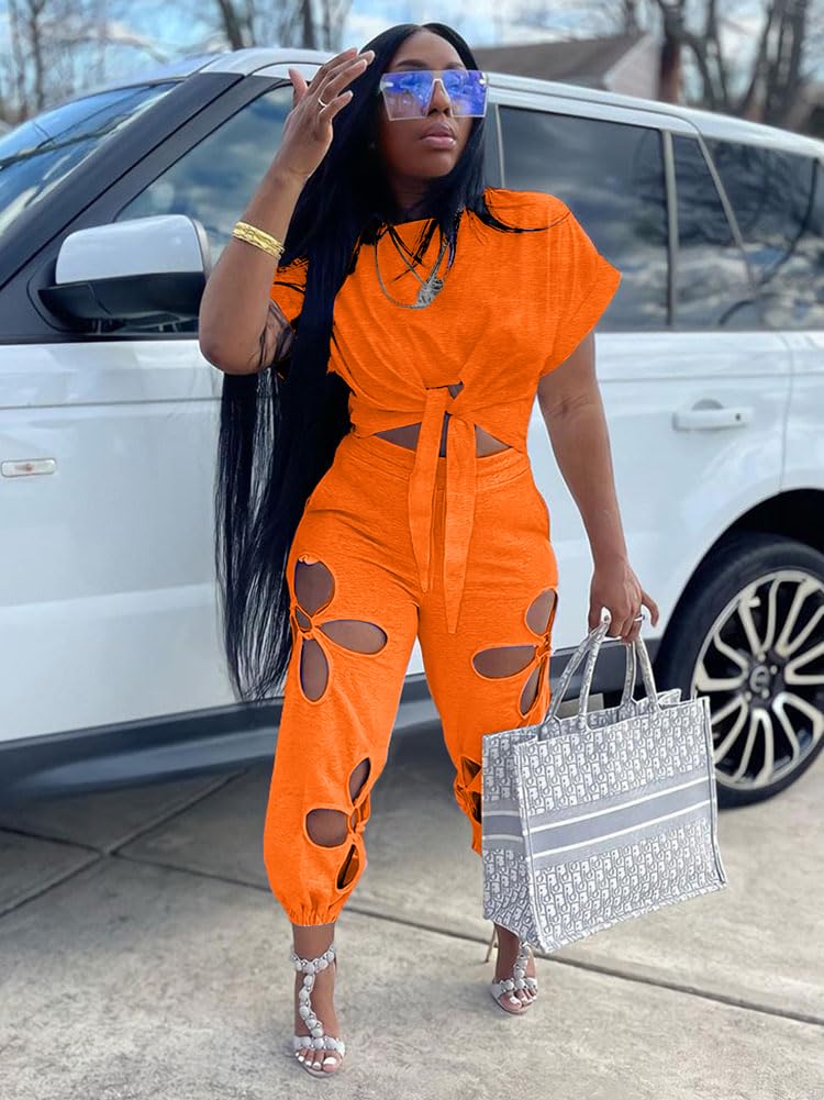 Women 2 Piece Outfits Set Casual Crop Top Shirt Hollowed Out Sweatpants Women Fashion Tracksuit
