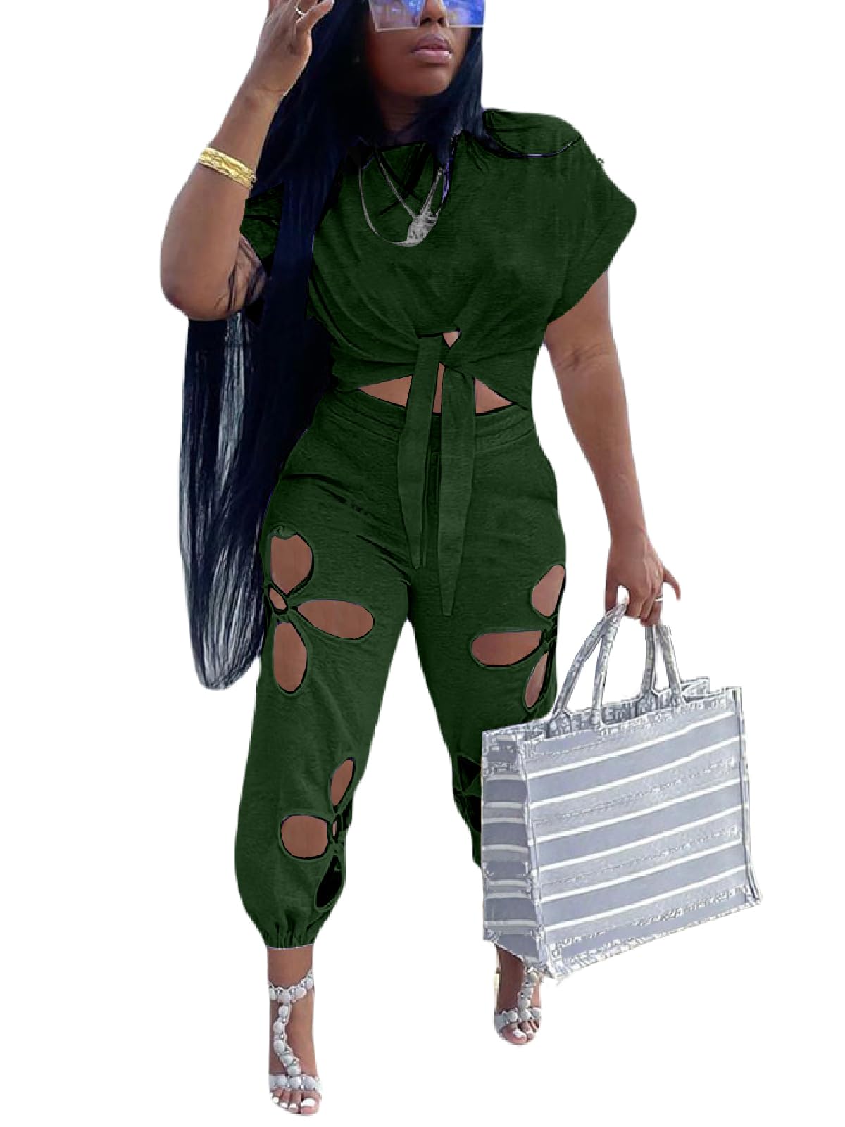 Women 2 Piece Outfits Set Casual Crop Top Shirt Hollowed Out Sweatpants Women Fashion Tracksuit