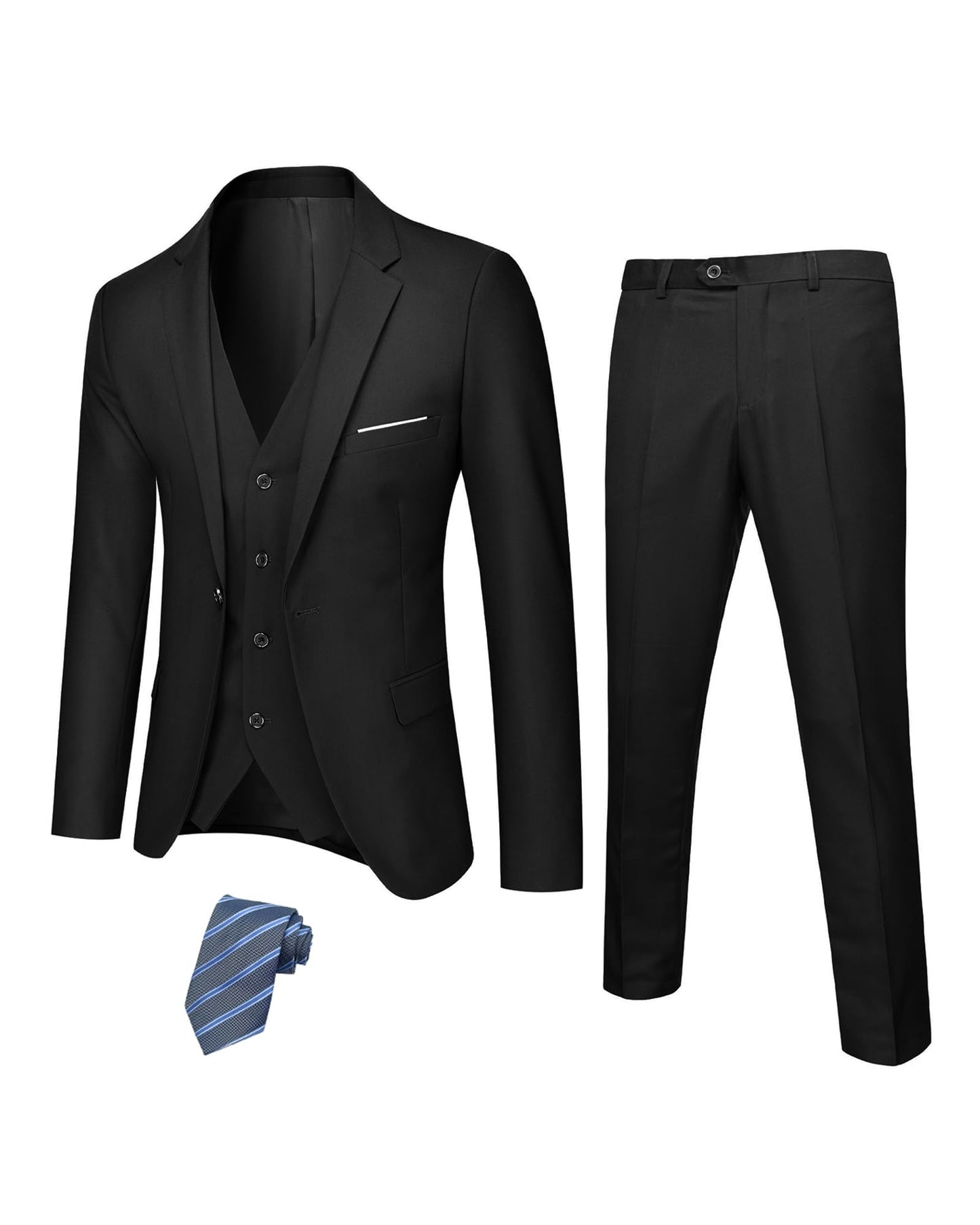 Hihawk Men's 3 Piece Suit with Stretch Fabric, Solid Slim Fit One Button Suit Blazer Set, Jacket Vest Pants with Tie.