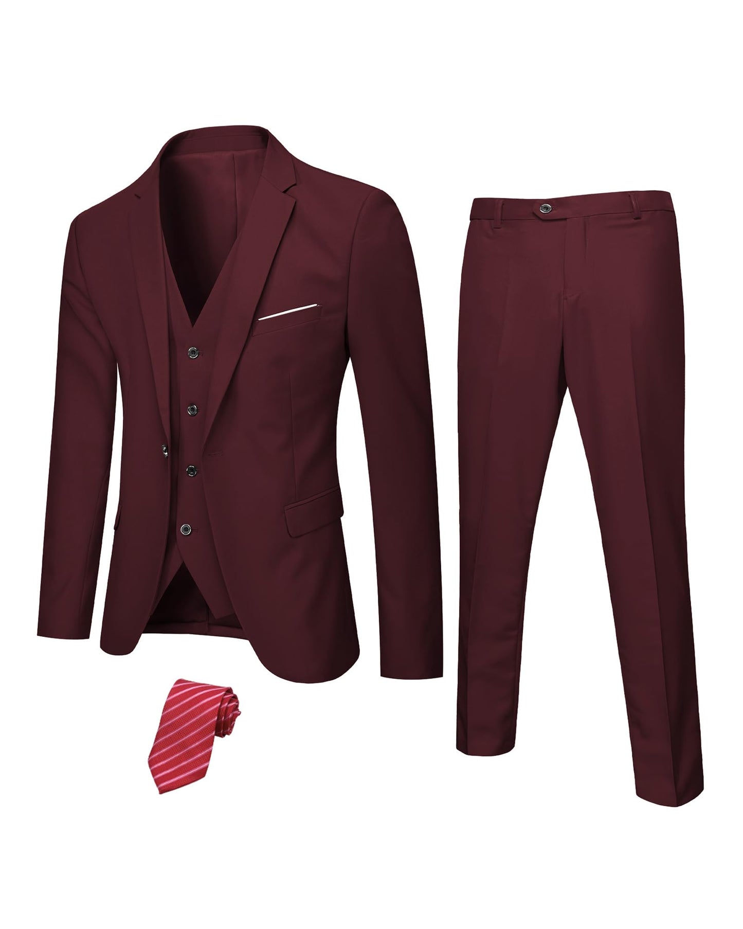 Hihawk Men's 3 Piece Suit with Stretch Fabric, Solid Slim Fit One Button Suit Blazer Set, Jacket Vest Pants with Tie.