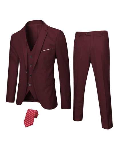 Hihawk Men's 3 Piece Suit with Stretch Fabric, Solid Slim Fit One Button Suit Blazer Set, Jacket Vest Pants with Tie.