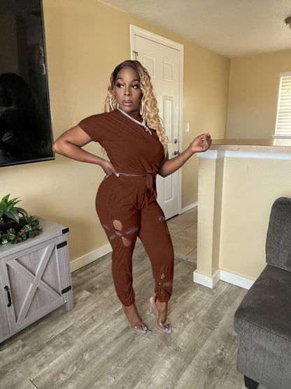 Women 2 Piece Outfits Set Casual Crop Top Shirt Hollowed Out Sweatpants Women Fashion Tracksuit