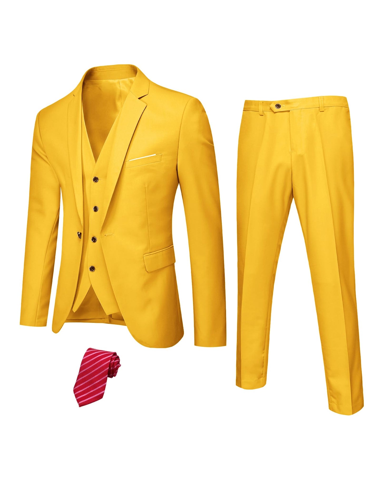 Hihawk Men's 3 Piece Suit with Stretch Fabric, Solid Slim Fit One Button Suit Blazer Set, Jacket Vest Pants with Tie.