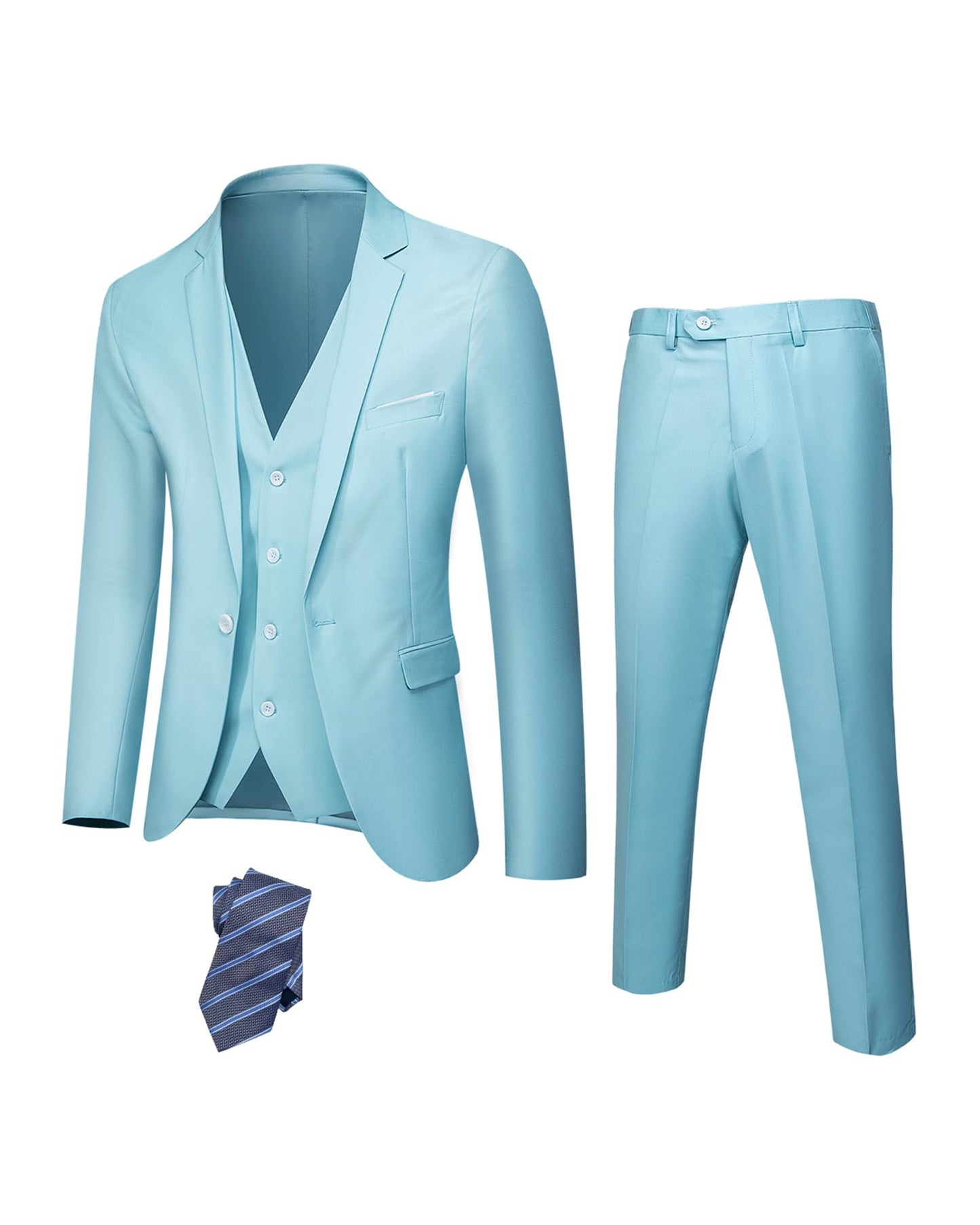 Hihawk Men's 3 Piece Suit with Stretch Fabric, Solid Slim Fit One Button Suit Blazer Set, Jacket Vest Pants with Tie.